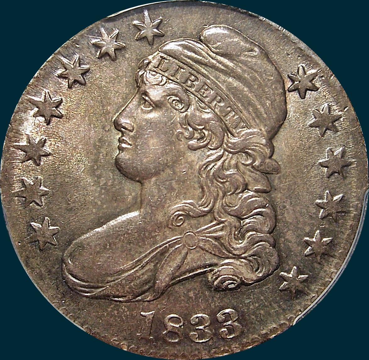 1833 O-106, capped bust half dollar