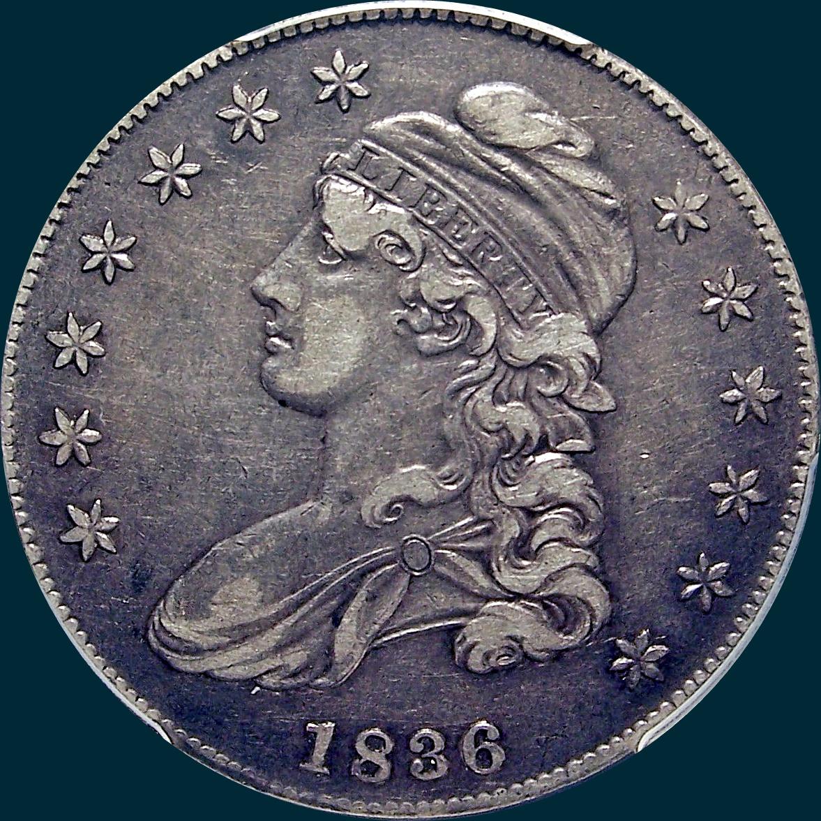 1836/1336 O-108, capped bust half dollar