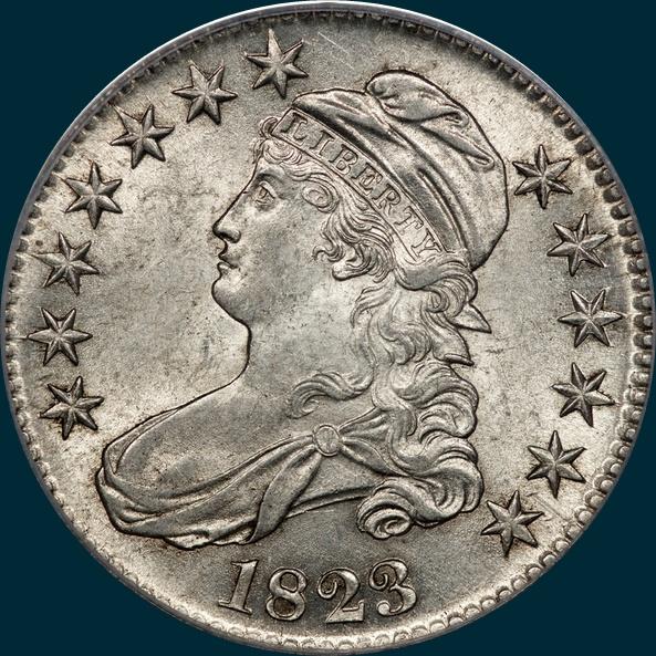 1823 O-107, capped bust, half dollar