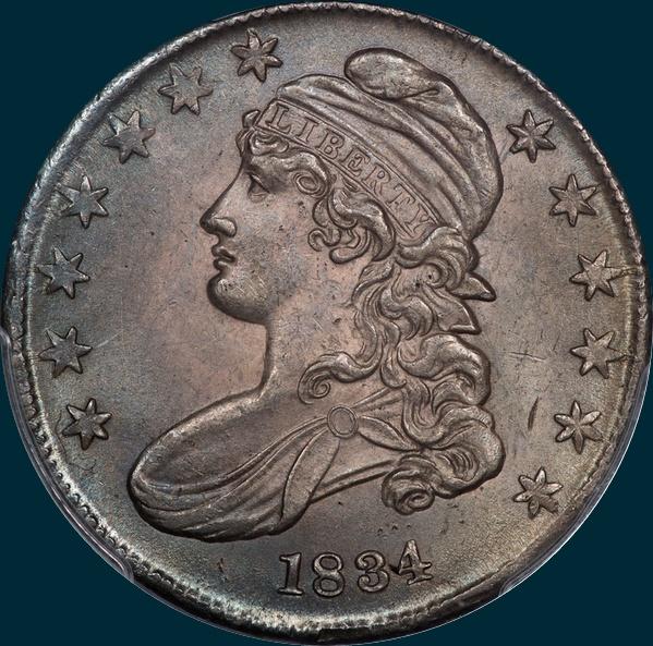 1834 O-113, capped bust half dollar
