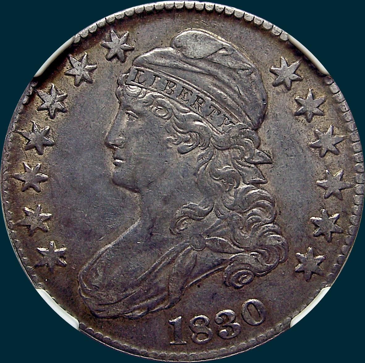 1830 O-103, small 0, capped bust half dollar