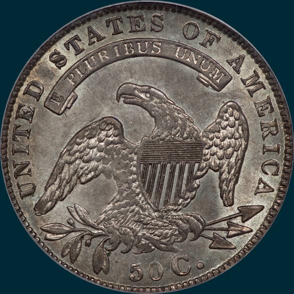 1836 O-106, beaded Border reverse, capped bust half dollar