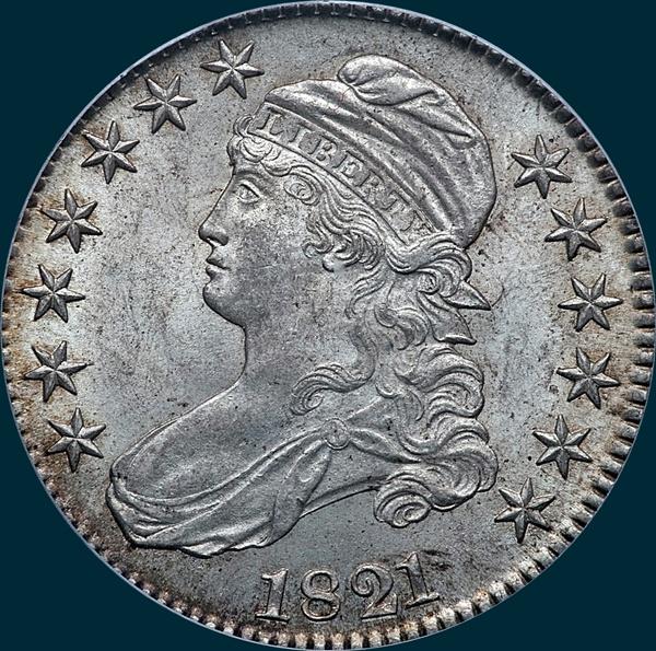 1821 o-105, capped bust, half dollar