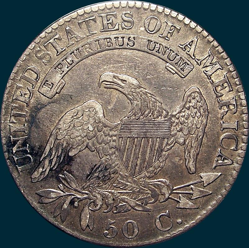 1824 O-108, capped bust half dollar