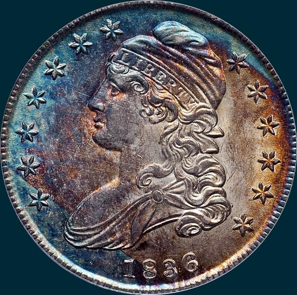 1836 O-104, capped bust half dollar