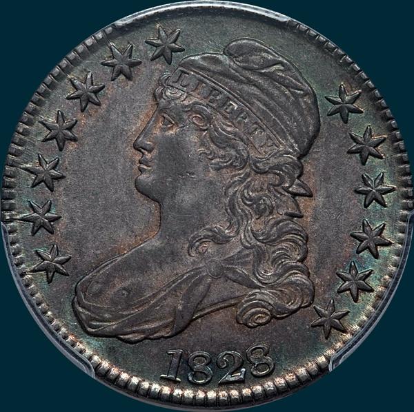 1828 O-120, small date large letters, capped bust half dollar