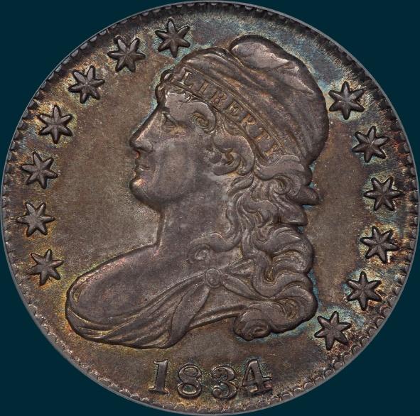 1834 O-103, capped bust, half dollar