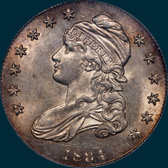 1834 O-111, capped bust half dollar