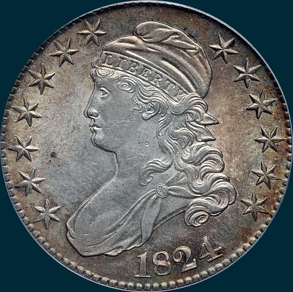 1824 O-111, caped bust half dollar