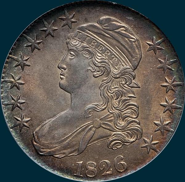 1826 O-107, capped bust half dollar