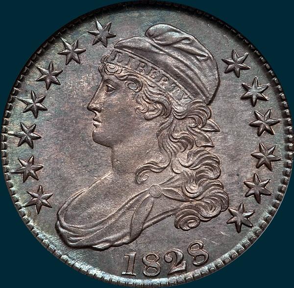 1828 O-115, small 8's large letters, capped bust half dollar