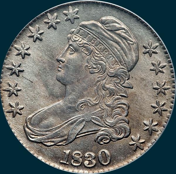 1830 O-120, large 0, capped bust half dollar