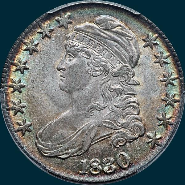 1830 O-123, large 0, capped bust half dollar