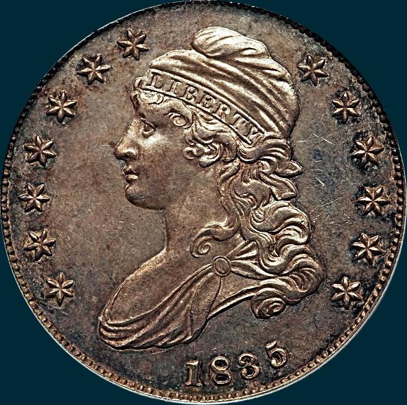 1835, O-111, Crushed Letter Edge, Capped Bust Half Dollar