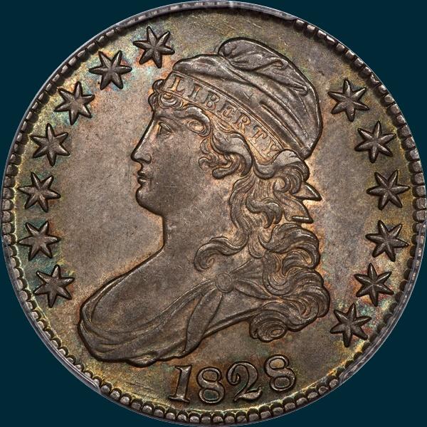 1828 O-101, curl base no knob 2, capped bust half dollar