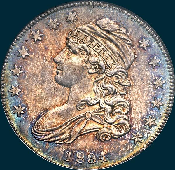 1834 O-120, capped bust half dollar