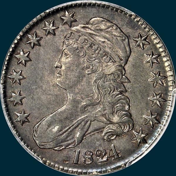 1824 O-114, capped bust half dollar