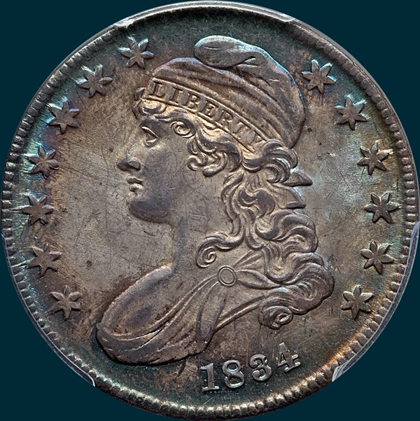 1834 O-114, capped bust half dollar
