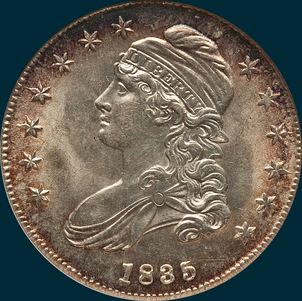 1835 o-106, capped bust half dollar