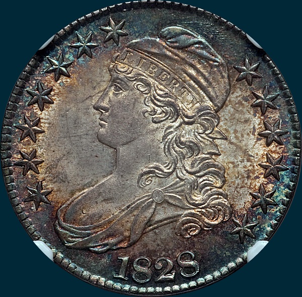 1828 O-108, square base 2 large 8's, capped bust half dollar
