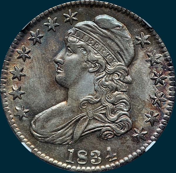 1834 O-101, capped bust, half dollar