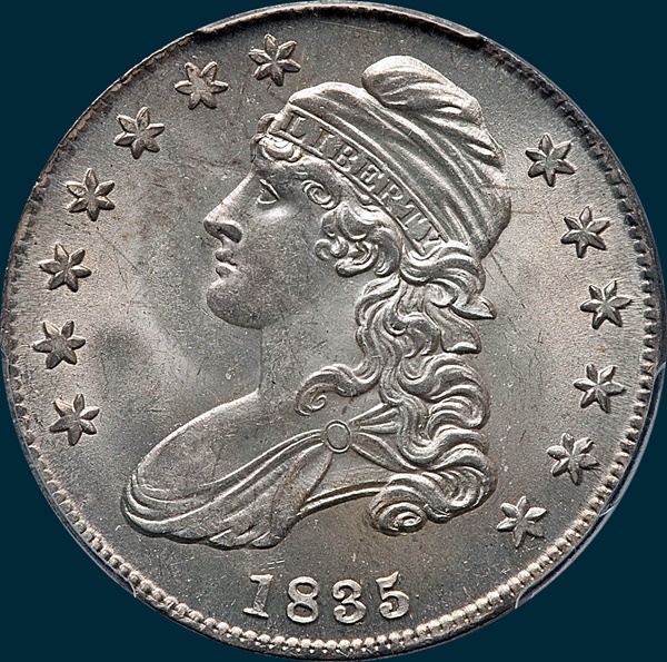 1835 O-107, capped bust, half dollar