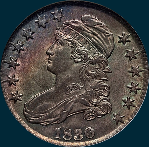 1830 O-114, small 0 large letters, capped bust half dollar