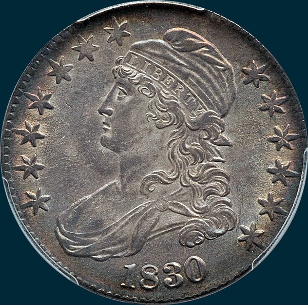 1830 O-121, large 0, capped bust half dollar